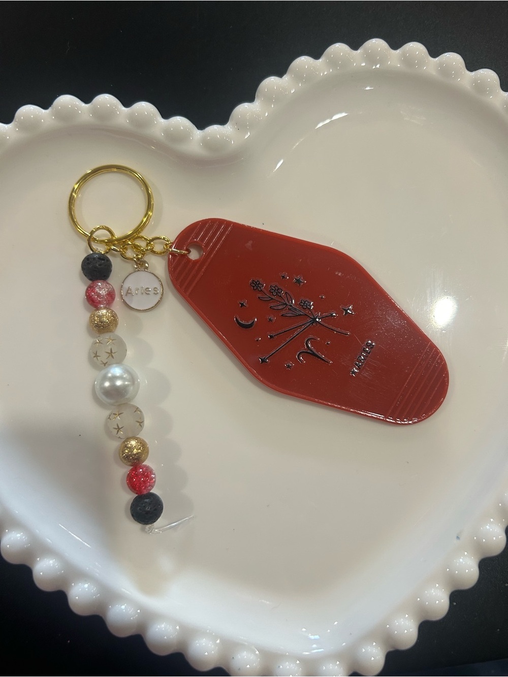 Red Aries Motif Keychain with Beaded Charm